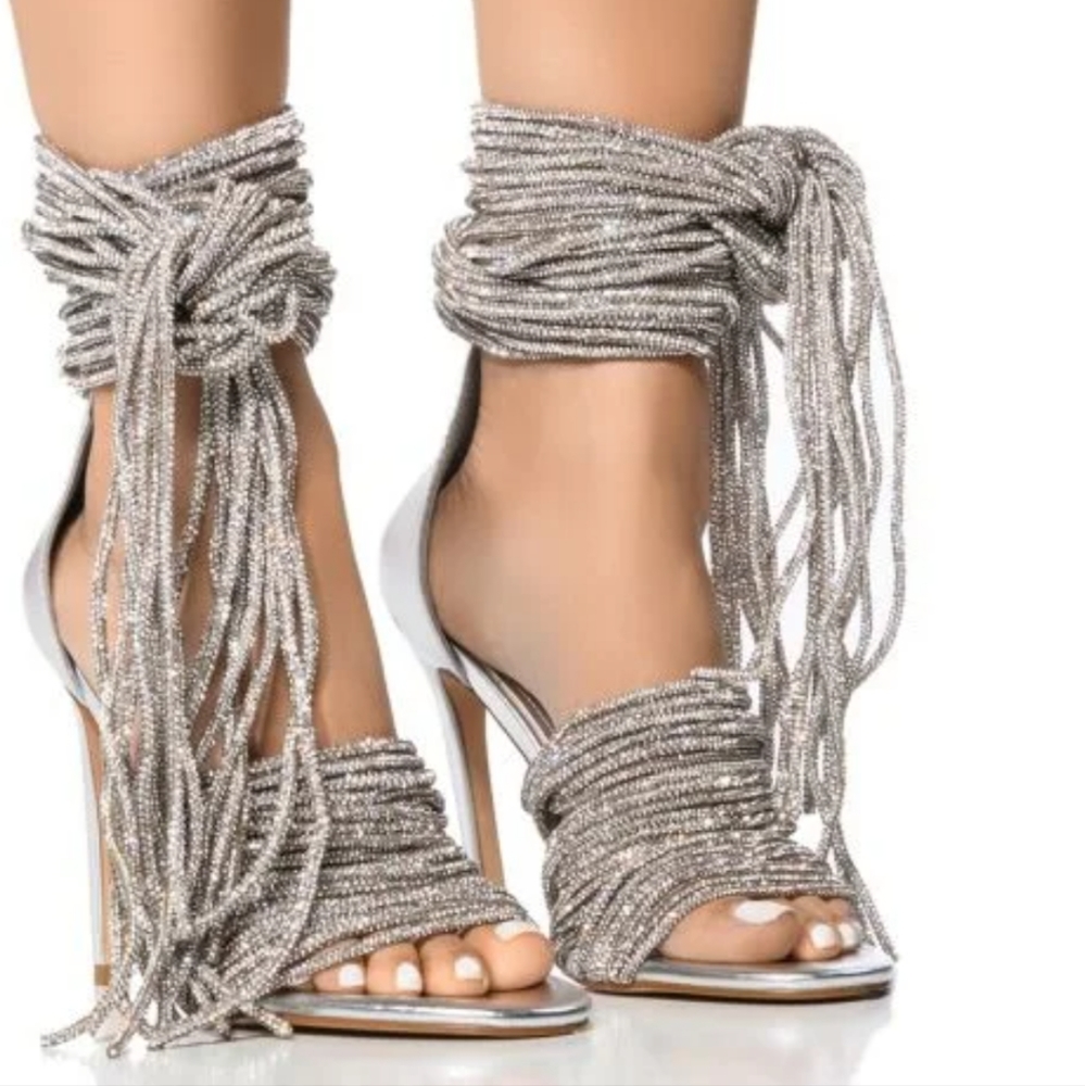 Silver Beaded Lace-Up Stiletto Sandals - Picture 3 of 3